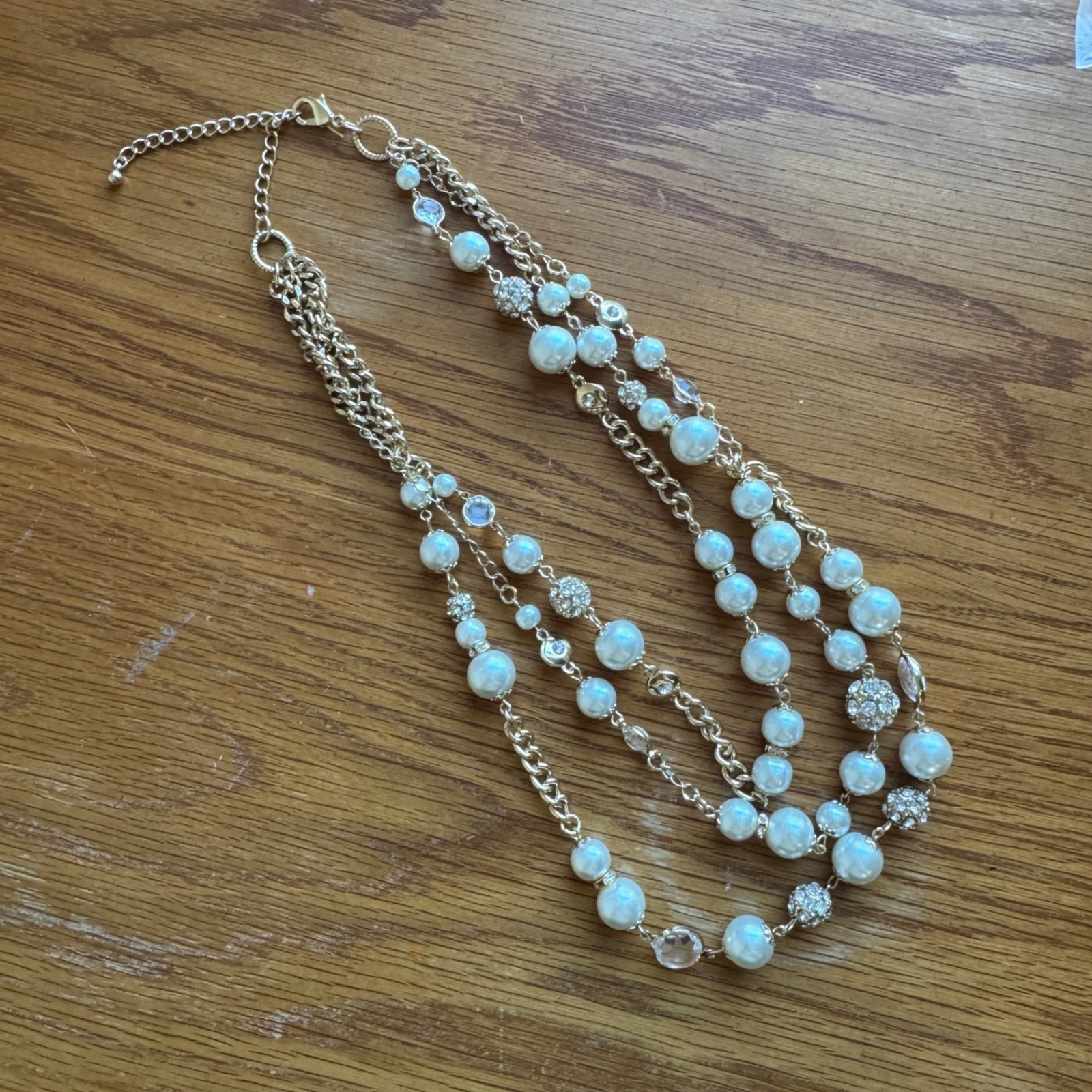 Gold Tone Layered Beaded Necklace Pearl Rhinestone Charm Lobster Clasp